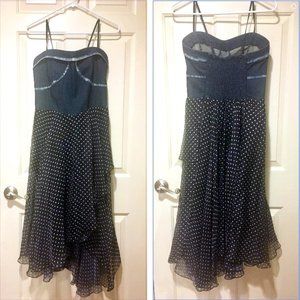 Asymmetrical design denim top, dotted pattern bottom sundress.